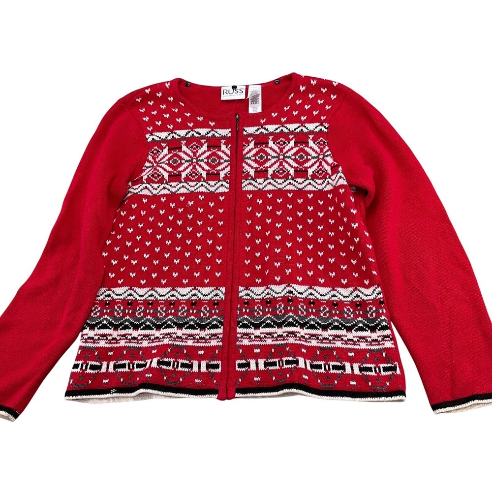 Russ Cardigan Womens Medium Red‎ White Nordic Fair Isle Zip Sweater Winter Retro